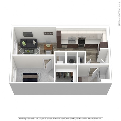 A 3D floor plan of a house with a living room, kitchen, and staircase.